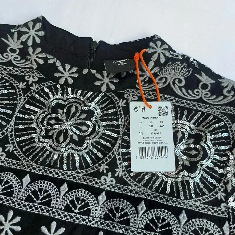 Superdry Women's 10 Shirt Casual Dress Embroidered Black Silver Mid New Years